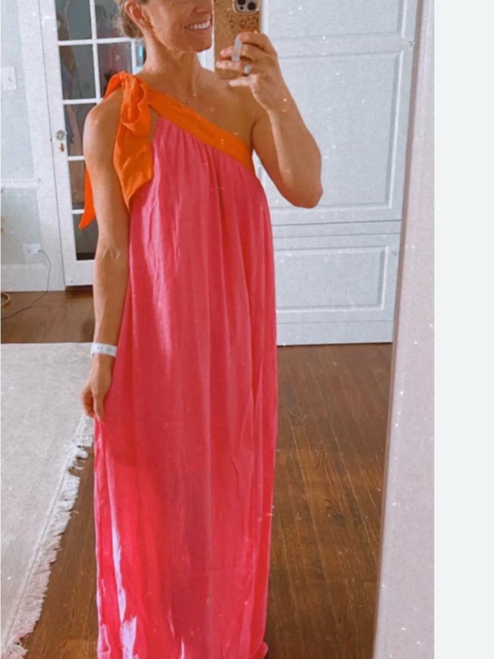 One-Shoulder Pink Maxi Dress with Orange Bow
